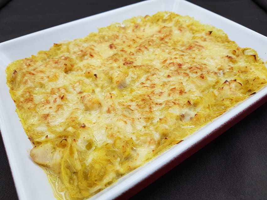 Gratin de poisson et poireaux à la moutarde